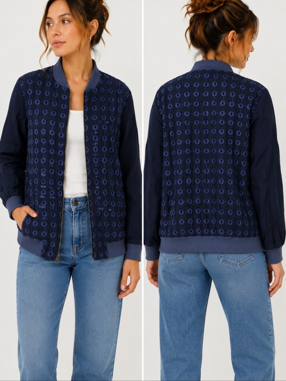 AMADI USA Embroidered Bomber Jacket Blue Eyelet Zip Up Large